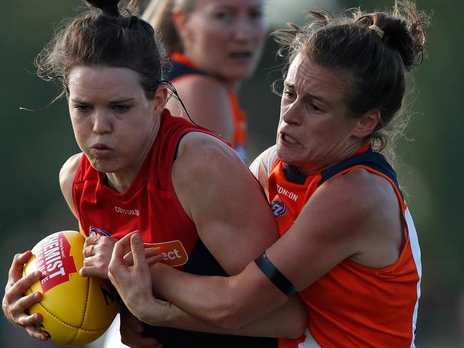 Alicia Eva tackles Melbourne’s Elise O’Dea in Round 1. Picture: Getty Images