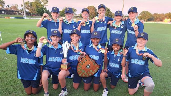 New South Wales won the 2023 SSA 12 &amp; Under Cricket Championships Girls in Darwin. Back row: Eloise Leary, Matilda Hayward, Charlotte Shoemark, Lily Railz, Ella Cattley, Poppi Stephen. Front row: Era Bohoir, Elyssa Bolger, Ava Dragovic, Kaya Kumar, Gayathri Naik, Ruby Carlyon