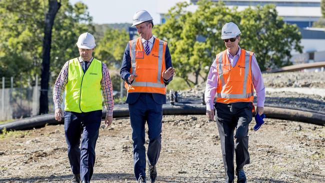 Transport and Main Roads Minister Mark Bailey visiting the Sediment Management Facility with Gold Coast councillor Cameron Caldwell, and Gold Coast Waterways Authority CEO Hal Morris. Picture: Jerad Williams