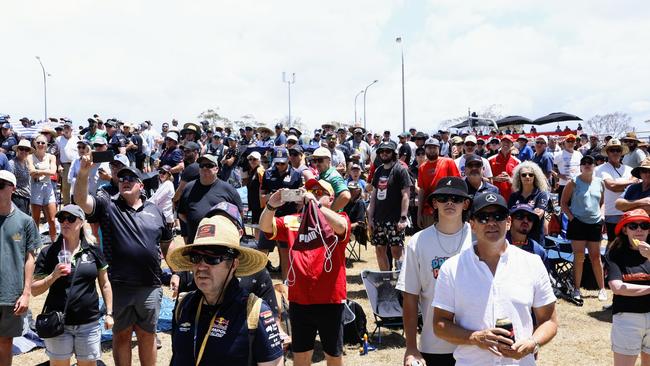 Large crowds gathered on the spectator viewing mound for the Sunday afternoon race of the Gold Coast 500 V8 Supercars race, held on the Surfers Paradise street circuit. Picture: Brendan Radke