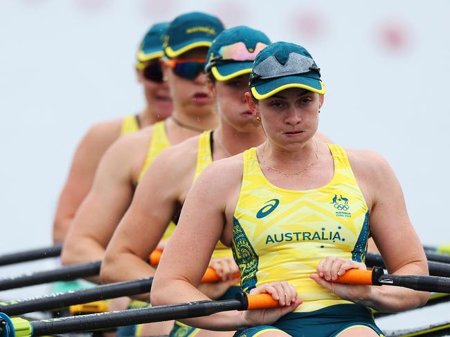 PARIS, FRANCE - JULY 27: Rowena Meredith, Laura Gourley, Ria Thompson and Caitlin Cronin of Team Australia compete in the WomenÃ¢â¬â¢s Quadruple Sculls Heat during day one of the Olympic Games Paris 2024 at Vaires-Sur-Marne Nautical Stadium on July 27, 2024 in Paris, France. (Photo by Justin Setterfield/Getty Images)