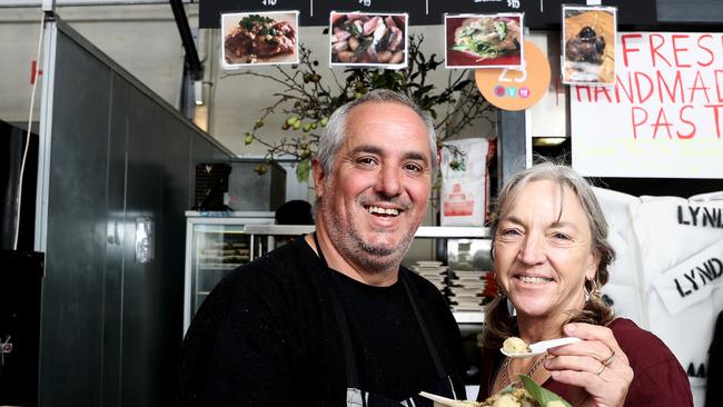 Lamb farmer Galina Shea, right, and Italian Pantry's Matt Rao have teamed up on the popular taste stall, Villa Della Bocca. Picture: LUKE BOWDEN