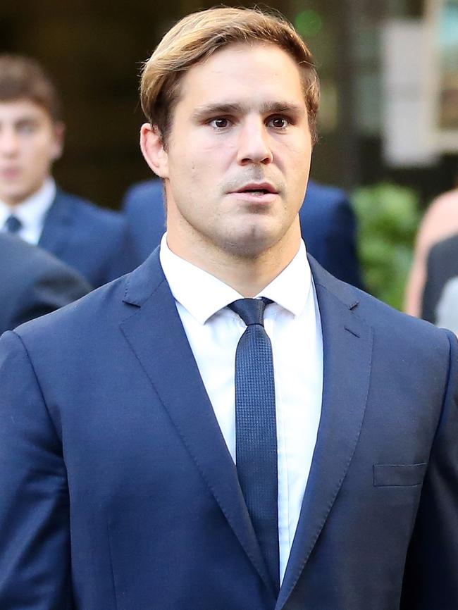 League star Jack de Belin leaves the Downing Centre in Sydney. Picture: NCA NewsWire/Christian Gilles