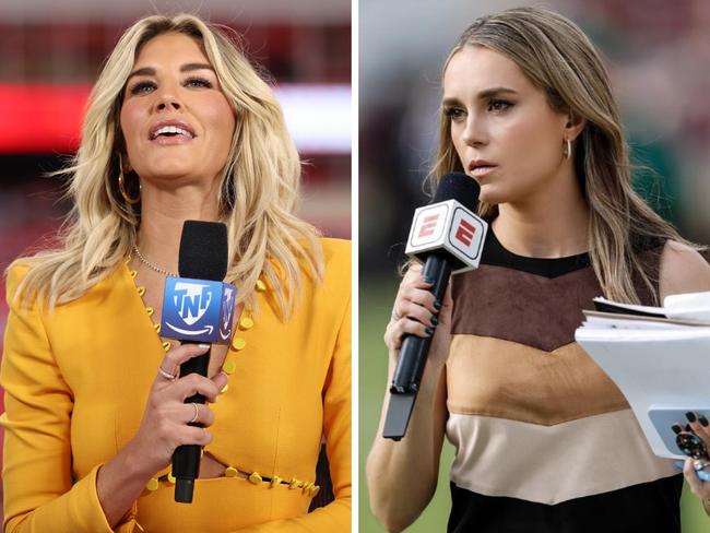 Charissa Thompson talks during a pre-game broadcast and Molly McGrath on the sidelines. Photo: Jamie Squire, Getty Images and intagram, @mollyamcgrath.