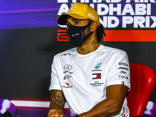 Third placed Lewis Hamilton of Great Britain and Mercedes GP talks in a press conference following the F1 Grand Prix of Abu Dhabi at Yas Marina Circuit. Picture: Getty Images