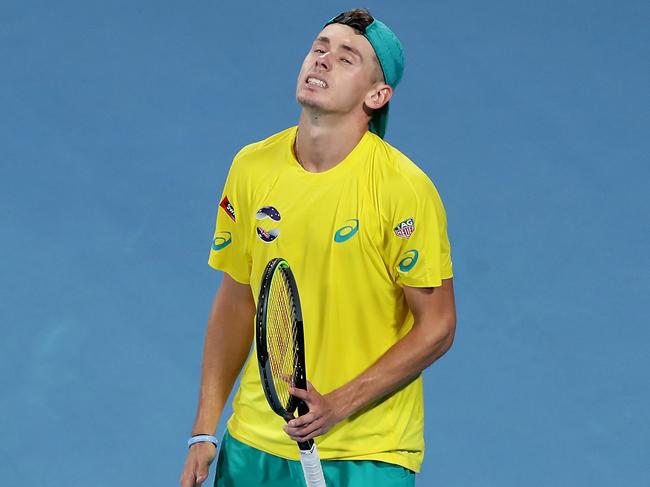 SYDNEY, AUSTRALIA - JANUARY 11: Alex de Minaur of Australia reacts after losing a point during his semi-final singles match against Rafael Nadal of Spain during day nine of the 2020 ATP Cup at Ken Rosewall Arena on January 11, 2020 in Sydney, Australia. (Photo by Matt King/Getty Images)