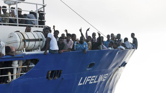 Rescued asylum-seekers aboard the Lifeline on Thursday. Picture: AP