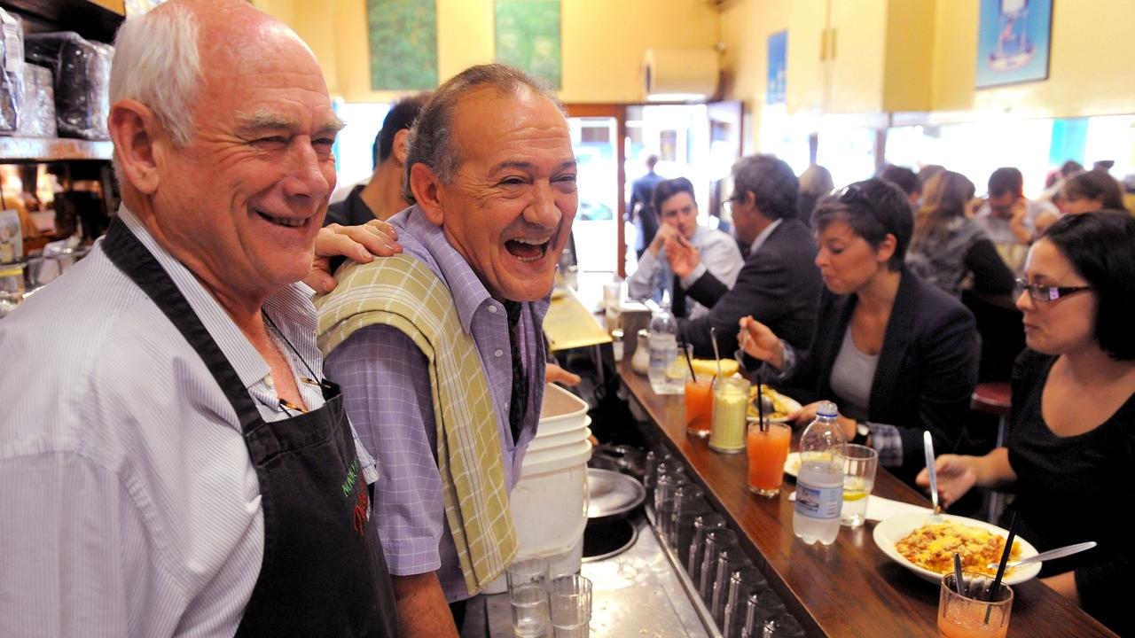 Pellegrini's Espresso Bar cafe owners Nino Pangrazio and Sisto Malaspina. Mr Malaspina was stabbed to death during the terror attack.