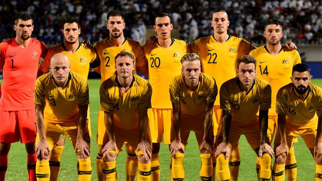 KUWAIT CITY, KUWAIT - SEPTEMBER 10: Players of Australia pose for team photograph during the FIFA World Cup Qatar 2022 and AFC Asian Cup China 2023 Preliminary Joint Qualification Round 2 match between Kuwait and the Australia Socceroos at Kuwait Club Stadium on September 10, 2019 in Kuwait City, Kuwait. (Photo by Tom Dulat/Getty Images)