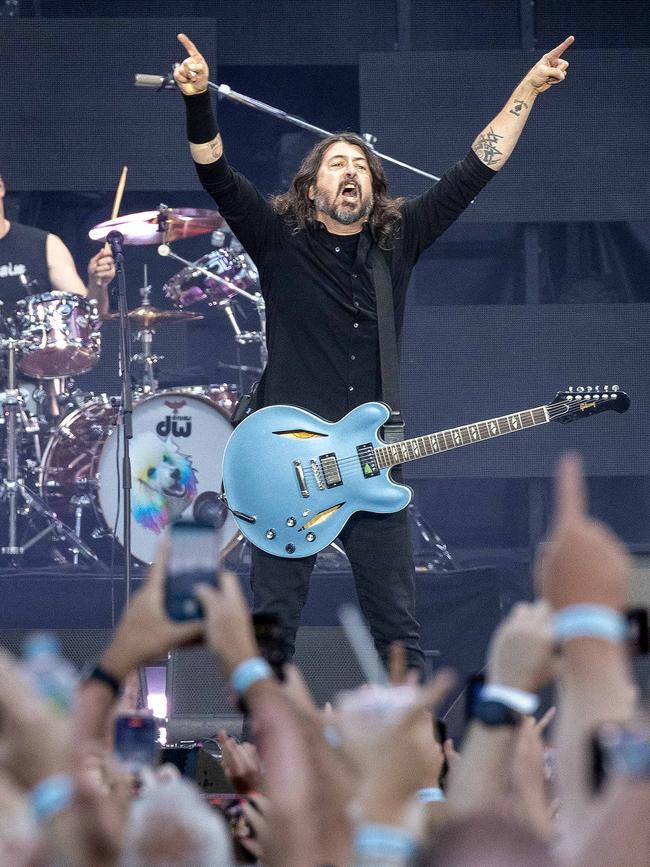 David Grohl on stage at Coopers Stadium. Picture: Emma Brasier