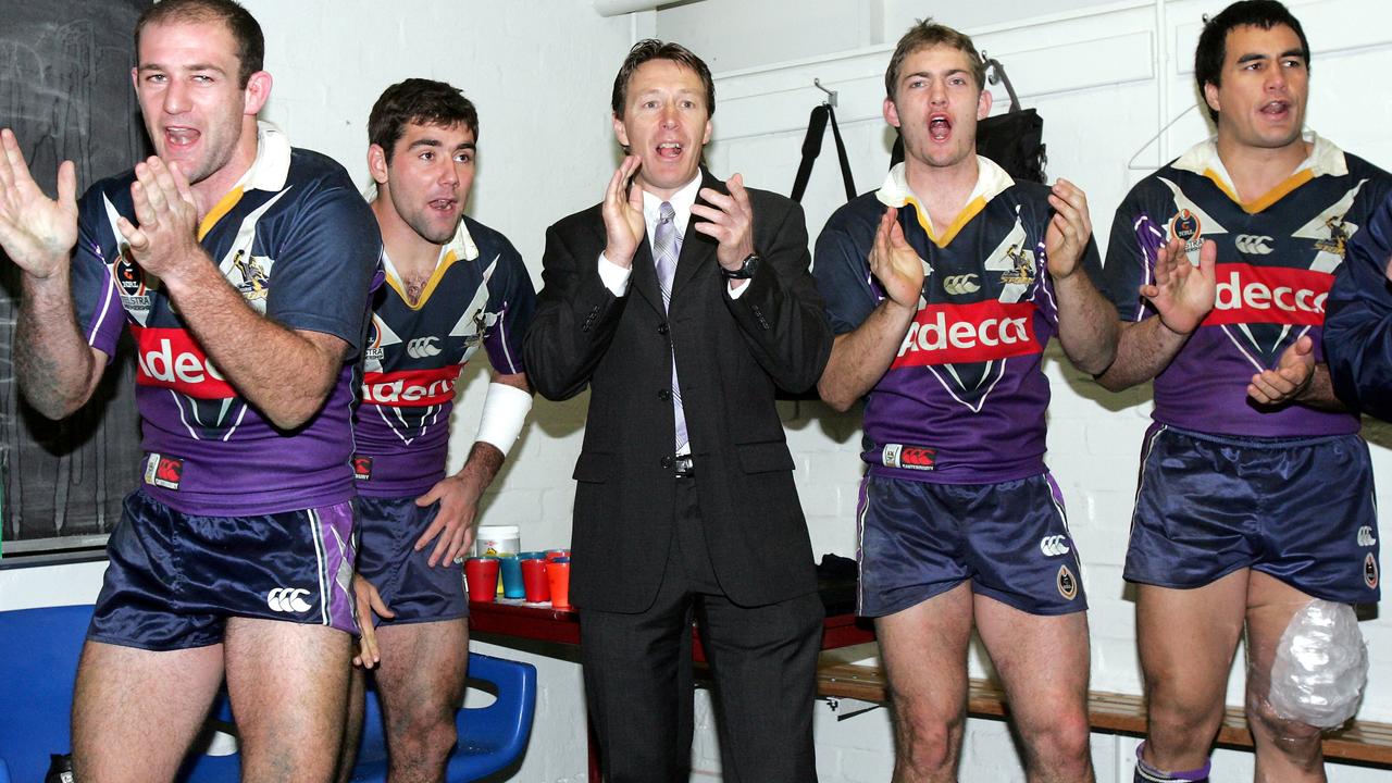 Matt Geyer, Cam Smith, Craig Bellamy, Dallas Johnson and Alex Chan break into song after a Storm win