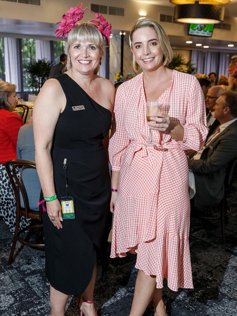 Jennifer Creaton and Selina Rumble at the Brisbane Racing Club's grand unveiling of the refurbished Guineas Room. Picture: Jared Vethaak