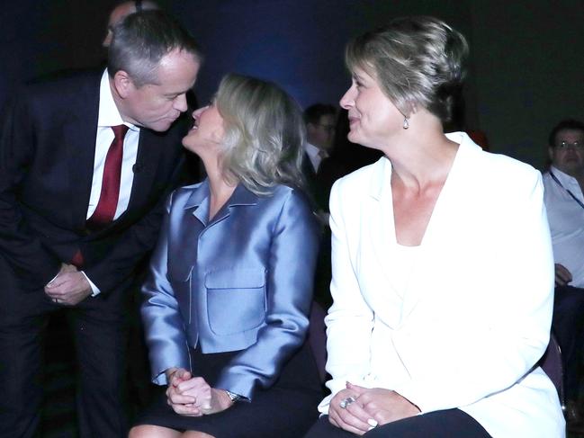 The audience narrowly gave the debate to Mr Shorten, seen kissing his wife Chloe Shorten as she sits beside Labor senator Kristina Keneally. Picture: Gary Ramage/News Corp Australia