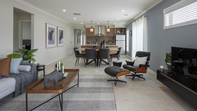 The rear open-plan living space at the Chatfield 218 by Burbank Homes. Images: Burbank Homes.