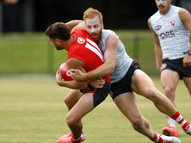 Aaron Francis tackles Tom Papley during the Sydney Swans match sim, Picture: Phil Hillyard