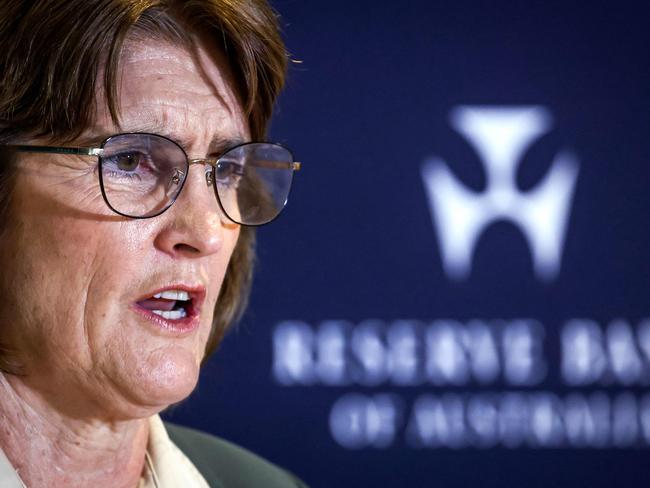 TOPSHOT - Australiaâs Reserve Bank Governor, Michele Bullock, speaks during the Monetary Policy Decision media conference in Sydney on February 18, 2025. Australia's central bank cut its key interest rate on February 18 for the first time in more than four years, but warned global turmoil could derail further easing. (Photo by DAVID GRAY / AFP)