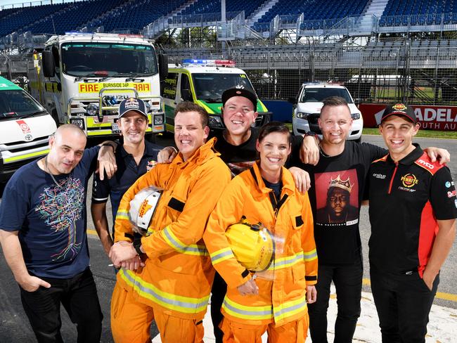 EXCLUSIVE - Barry Francis (DJ Debris) Supercar drivier Jamie Whincup, CFS Volunteer Andrew Patterson (Murray Bridge CFS), Matt Lambert  (Suffa), CFS Volunteer Emma Ewins (Aldinga Beach CFS), Daniel Smith (Pressure) and Supercar driver Anton de Pasquale Bushfire initiatives. STORY: Superloop Adelaide 500 set to announce a number of bushfire initiatives on Wednesday morning (including hosting all families who have lost their homes, as well as a ÔParade of HeroesÕ on race day to recognize the efforts of the emergency services). Supercars drivers Jamie Whincup & Anton de Pasquale, CFS volunteers, and emergency services and Hilltop Hoods. Picture: Tricia Watkinson