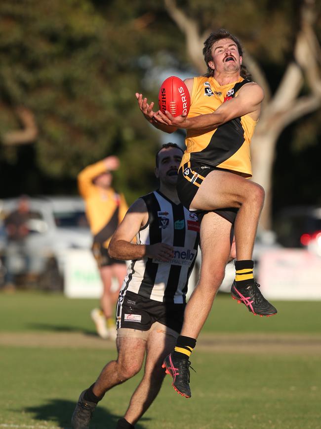 Bannockburn's Jack Thompson is up for the mark. GDFNL North Geelong v Bannockburn. Picture: Alan Barber