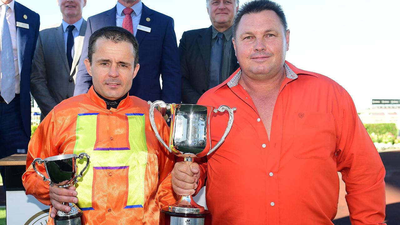 Jockey Brad Stewart and former trainer Stephen Massingham after The Harovian won the recognition Stakes at Doomben. Picture: Trackside Photography