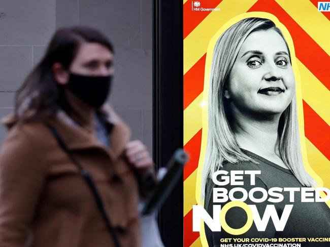 An electronic billboard promoting Britain's National Health Service's (NHS) Covid-19 vaccine booster program in central London. Picture: Tolga Akmen / AFP