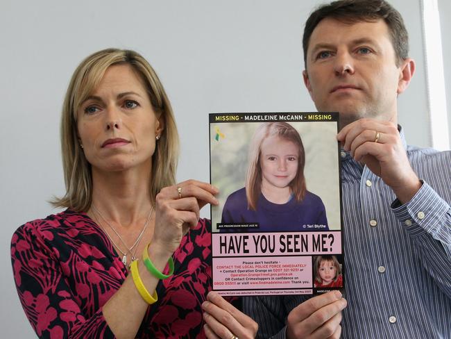 Kate and Gerry McCann hold an age-progressed police image of their daughter during a news conference in 2012. Picture: Getty