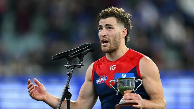 Jack Viney after accepting the award for the best player on the ground. Picture: Getty Images