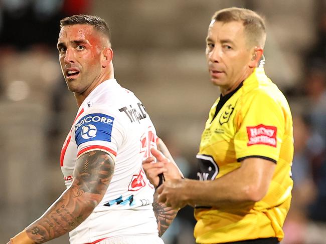 SYDNEY, AUSTRALIA - MAY 21:  Paul Vaughan of the Dragons is sent to the sin-bin by referee Ben Cummins during the round 11 NRL match between the Cronulla Sharks and the St George Illawarra Dragons at Netstrata Jubilee Stadium on May 21, 2021, in Sydney, Australia. (Photo by Mark Kolbe/Getty Images)