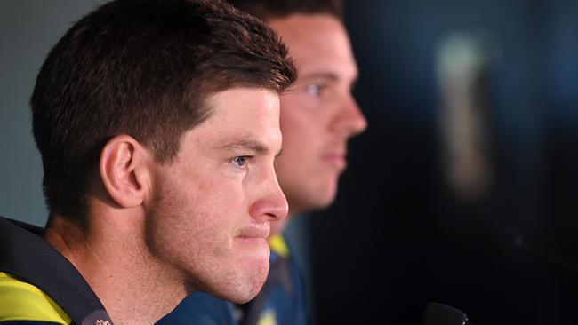 Australian cricket captain Tim Paine and vice-captain Josh Hazlewood addressing the media after the review was released