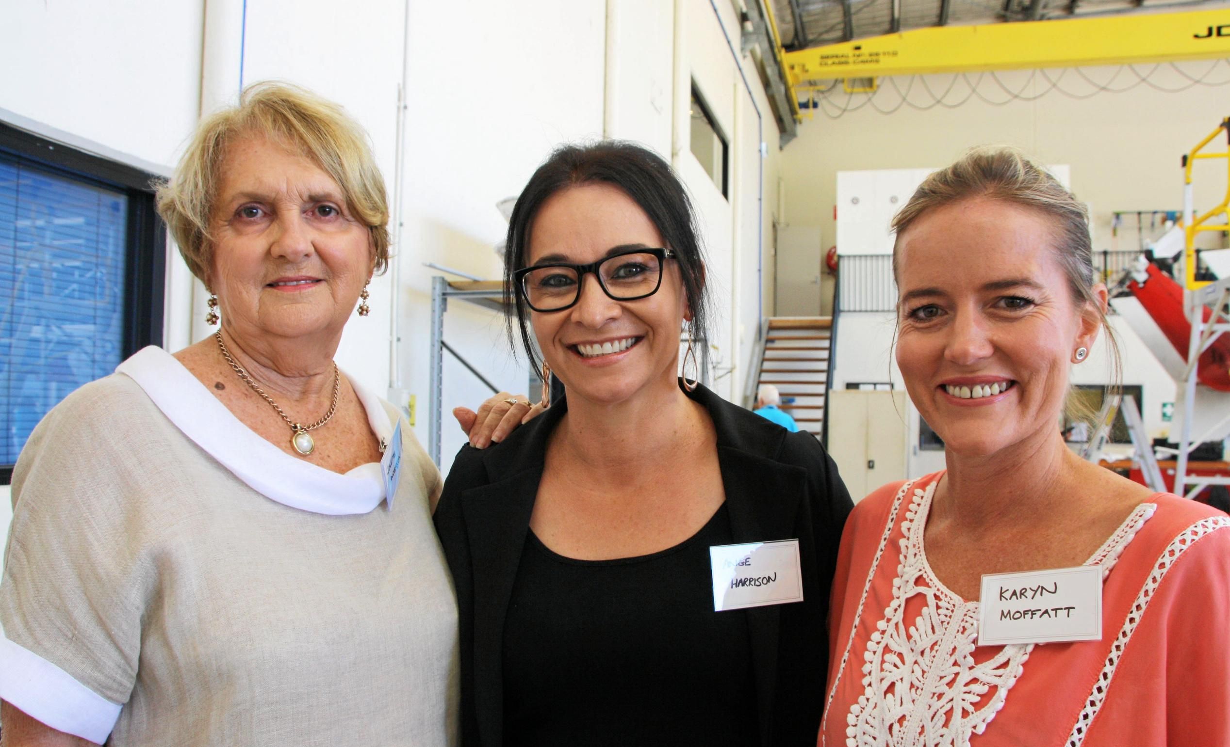 ?Colette Anderson, Angela Miles and Karyn Moffatt at the RACQ LifeFlight Rescue Helicopter presentation morning at Sunshine Coast Airport. Picture: Erle Levey