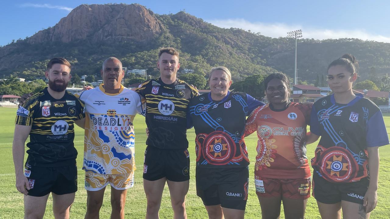 Players prepare for the 2024 Bindal Sharks All Blacks rugby league carnival. Left to right: Christopher Bray (QPS), Les Wragge (All Stars), Josh Munckton (QPS), Cass McMullan (QPS), Elva Mait (All Stars), Nikita Asanuma (QPS). Picture: Patrick Woods.