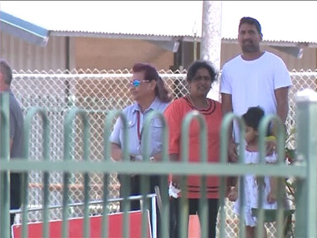 **MUST CREDIT 10 News** Tamil family from Biloela - (Father) Nadesalingam Murugapan, (mother) Kokilapathmapriya Nadarasa and their children, Kopika, 4 and Tharunicaa, 2, during a visit from family friend Angela Fredericks. The family are in what is known as Construction Camp, a detention facility that has previously held families on Christmas Island. Picture: 10 News