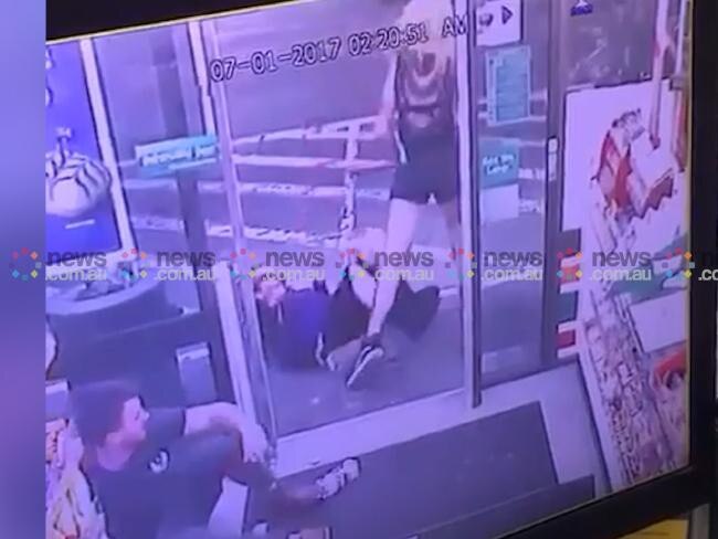 The CCTV footage shows her attacking a man inside the 7-Eleven, then another customer entering the premises, as she walks out and away with the axe.