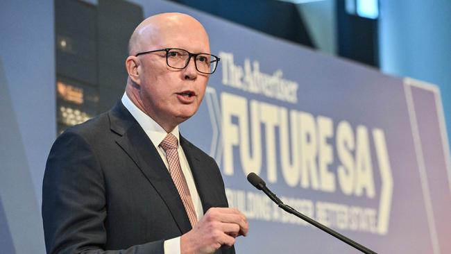 ADELAIDE, AUSTRALIA - NewsWire Photos FEBRUARY 21, 2025: Leader of the Opposition Peter Dutton delivers a speech at the Building a Bigger, Better SA Forum. Picture: NewsWire / Brenton Edwards