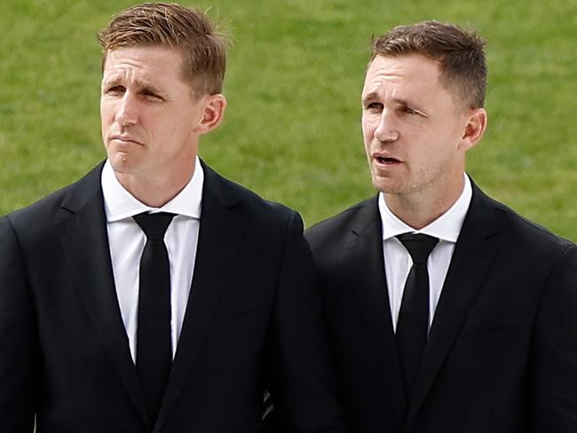 GEELONG, AUSTRALIA - FEBRUARY 14: Scott Selwood and Joel Selwood look on during Troy Selwood's Funeral Service at GMHBA Stadium on February 14, 2025 in Geelong, Australia. (Photo by Michael Willson/AFL Photos via Getty Images)