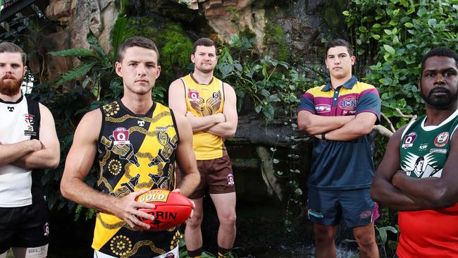 AFL Cairns has relaunched its 2020 season at the Cairns Zoom and Wildlife Dome. Cairns Saints' Zeb Paulger, Norths Tigers' Anthony Stewart, Manunda Hawks' Boe Halter, Cairns City Lions' Brodie Deverell and South Cairns Cutters' Dwayne Bosen. PICTURE: BRENDAN RADKE.