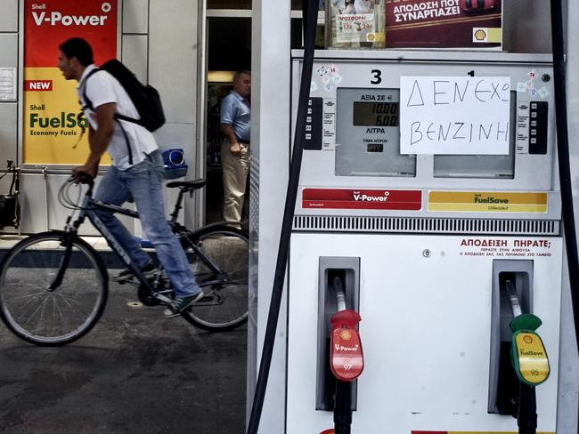 A notice at a petrol station reads "NO Fuel" on June 29, 2015.