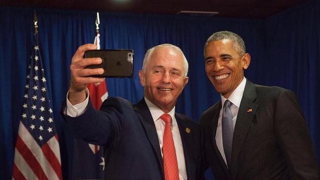 PM Malcolm Turnbull snaps a farewell selfie with former US President Barack Obama in Peru. Picture: Instagram