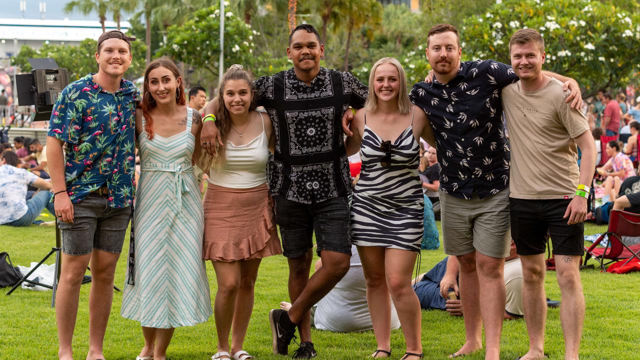 Ben Lockley, Sam Kraaymaat, Kadiesha Kickett-Davies, Isovaine Huddlestone, Isabella Wright, Riley Justins and Harry Old at Darwin Waterfront on New Year’s Eve 2020. Picture: Che Chorley