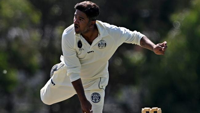 SunshineÃs Kaushal Lokuarachchi during the  VTCA Sunshine v St Francis de Sales cricket match in Sunshine North, Saturday, Feb. 11, 2023.Picture: Andy Brownbill