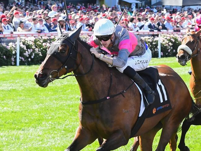 Plenty Of Ammo ridden by Jordan Childs wins the Alinta Energy Crystal Mile at Moonee Valley Racecourse on October 26, 2024 in Moonee Ponds, Australia. (Photo by Brett Holburt/Racing Photos via Getty Images)