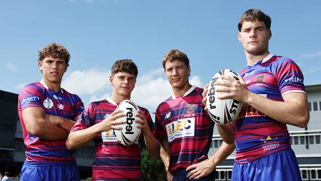 The Aaron Payne Cup schoolboy's rugby league tournament begins tomorrow, when St Augustine's College takes on Mackay's Holy Spirit College in Townsville. St Augustine's College senior player Cayde Miller, Cowboys Challenge Kye Pease and Oliver Nucifora and senior player Ben Walker are ready to compete against the best schoolboy rugby league players in North Queensland after a long off season. Picture: Brendan Radke