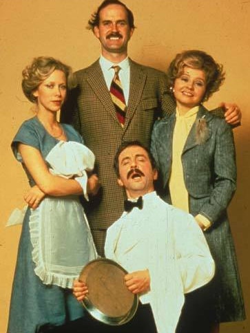 The core cast of Fawlty Towers: Connie Booth as Polly, left, Cleese, rear, Prunella Scales as Sybil and Andrew Sachs as Manuel. 