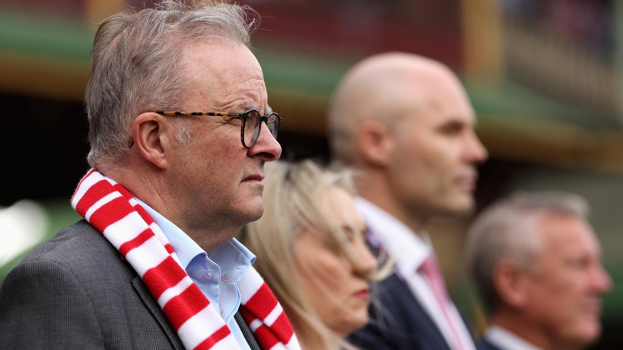 Australian Prime Minister Anthony Albanese observes the minute’s silence at the SCG. Picture: Cameron Spencer/Getty Images