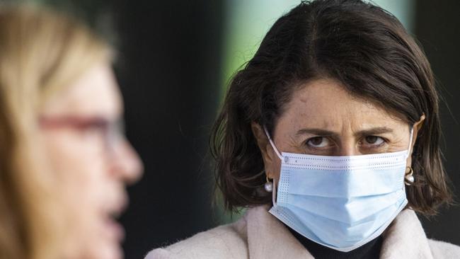 Gladys Berejiklian and Kerry Chant announcing Covid-19 infections at their daily press conference. Picture: Jenny Evans/Getty Images