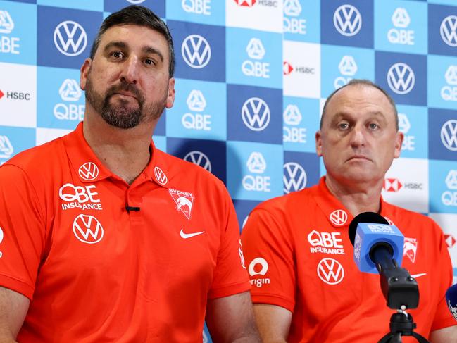 Incoming Swans coach Dean Cox with outgoing Swans coach John Longmire. Picture: Getty Images