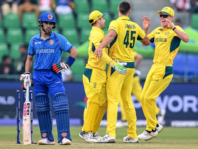 Spencer Johnson celebrates after taking the wicket of Afghanistan's Rahmanullah Gurbaz. Picture: AFP