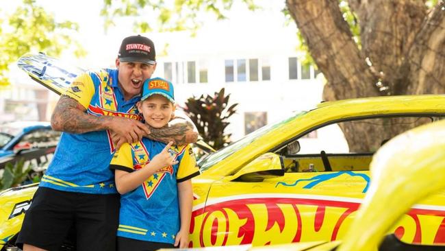 HotWheels racer Matt Mingay (left) and his son Madzy next to his drifting car at the Big Boys Toys Expo in Mackay, 2020. Picture: Contributed