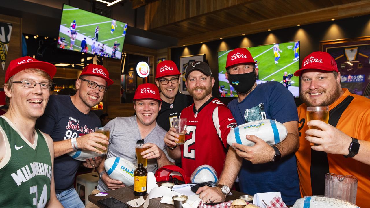 Getting together for the NFL Super Bowl are (from left) Ben Meredith, Gordon Storey, David Sanders, Geoff Pfeffer, Grant Cummins, Andrew Erlandson and Chris Janetzki at Tailgate Sports Bar, Monday, February 14, 2022. Picture: Kevin Farmer