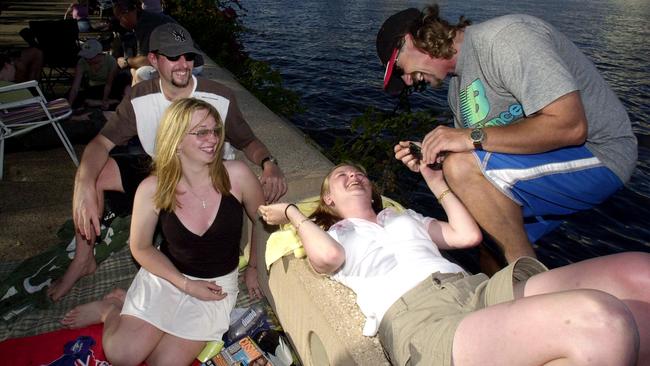 DECEMBER 31, 2003 : Shane Nolan, Kirsty Tascas, Charron Carlson & Stephen Tascas at Brisbane's South Bank, 31/12/03, on New Year's Eve (NYE). Pic Lyndon Mechielsen.