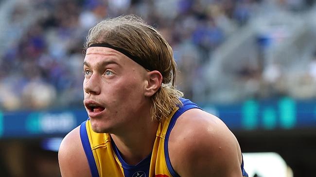 PERTH, AUSTRALIA - JUNE 01: Harley Reid of the Eagles looks on after giving away a free kick with a heavy tackle on Darcy Wilson of the Saints during the round 12 AFL match between West Coast Eagles and St Kilda Saints at Optus Stadium, on June 01, 2024, in Perth, Australia. (Photo by Paul Kane/Getty Images)